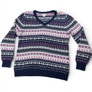Croft & Barrow Fair Isle V-Neck Sweater Women’s Large Navy Pink Winter Knit
